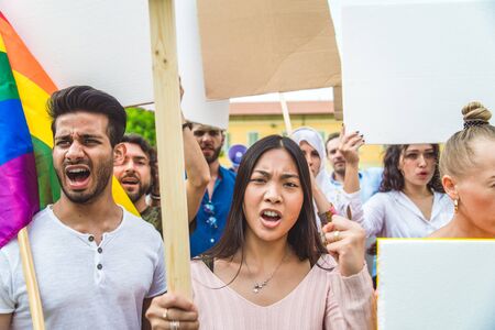 Group of activists is protesting outdoorの写真素材
