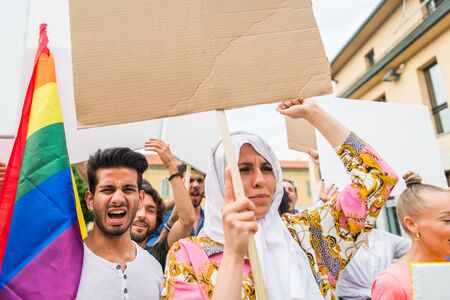 Group of activists is protesting outdoorsの写真素材