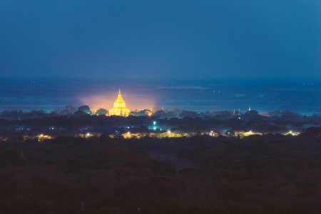 Aeial view of the temple historical site in Bagan, myanmar. Pagodas and buddhist temples in the jungleのeditorial素材