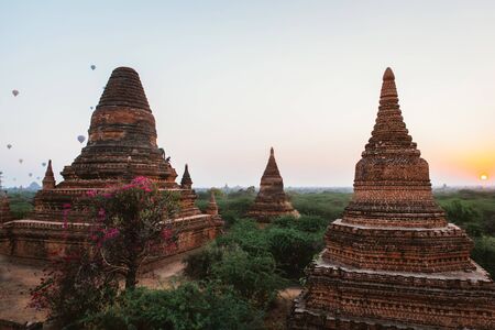 View at the bagan historic site. Temples and ruins in the jungle. Concept about travel and landmarks