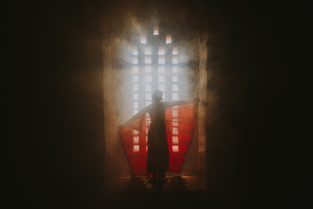Children monk praying at the buddhist temple. artistic portrait with a monk silhouette in the mist and light filtering from a windowのeditorial素材