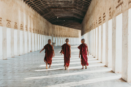 MANDALAY, MYANMAR . MARCH 1ST 2019. Children monks spending time together. In myanmar childrens start the training to become monks at the age of sevenのeditorial素材