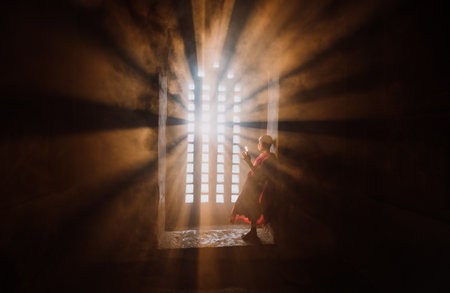 BAGAN, MYANMAR. 28TH FEBRUARY 2019. Portrait of  local little buddhist monks. In myanmar childrens start training for becoming monks at the age of 7のeditorial素材