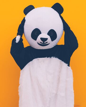 Panda mascot with environmental message. Concept about people and environmentの写真素材