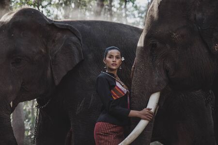 Beautiful thai woman spending time with the elephant in the jungleの写真素材