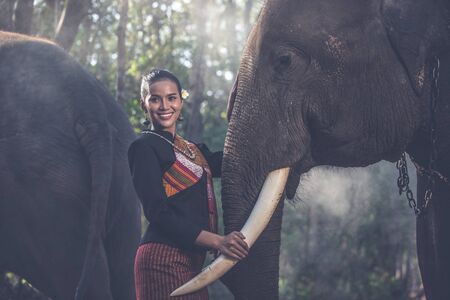 Beautiful thai woman spending time with the elephant in the jungleの写真素材