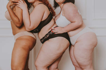 Group of 3 oversize women posing in studio - Beautiful girls accepting body imperfection, beauty shots in studio - Concepts about body acceptance, body positivity and diversityの写真素材