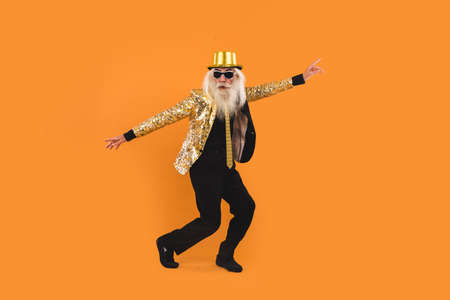 Senior man with eccentric look - 60 years old man having fun, portrait on colored background,...