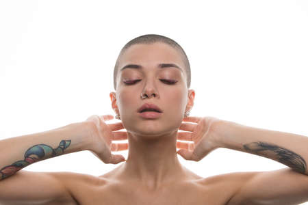 Portrait of a beautiful woman with short hairの写真素材