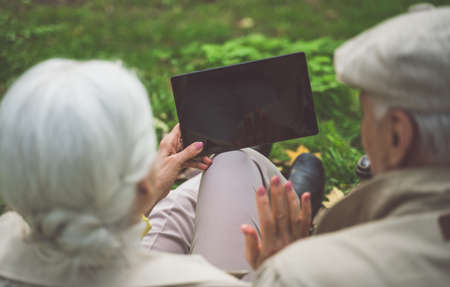 Seniors talking with their relatives through a video chat on the computer