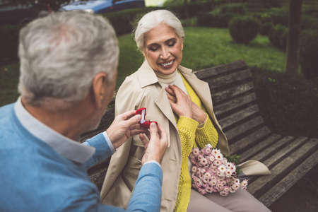 Senior couple celebrating their marriage anniversaryの写真素材