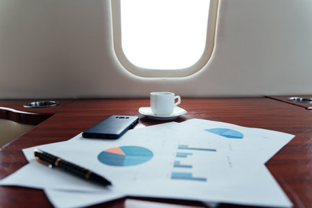 Businessman flying on his private jet. Concept about business, and transportationの写真素材