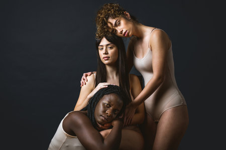 Multicultural group of beautiful women posing in underwear - 3 pretty girls portrait, concepts about...