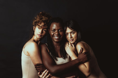 Multicultural group of beautiful women posing in underwear - 3 pretty girls portrait, concepts about...