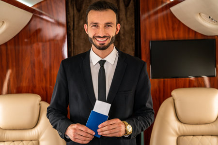 Handsome businessman wearing elegant suit flying on exclusive private jet - Successful entrepreneur sitting in exclusive business class on airplane, concepts about business and transportationの写真素材
