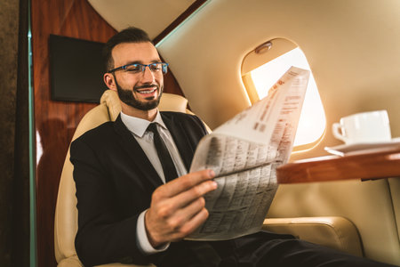 Handsome businessman wearing elegant suit flying on exclusive private jet - Successful entrepreneur...