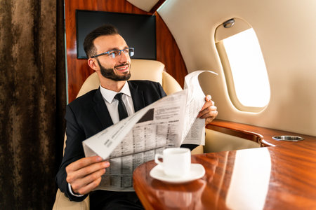 Handsome businessman wearing elegant suit flying on exclusive private jet - Successful entrepreneur sitting in exclusive business class on airplane, concepts about business and transportationの写真素材
