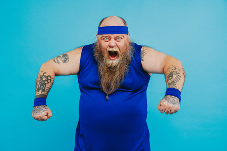 Funny fat man doing some sport exercises - Overweight man having weight issue and tries to start diet and sport, funny characterの写真素材
