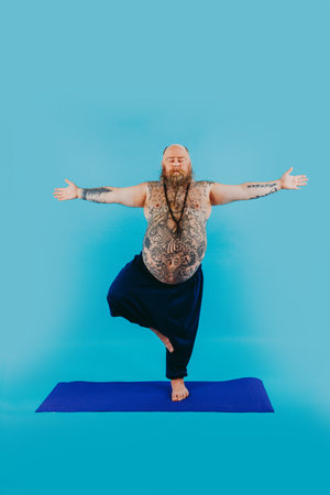 Funny fat man doing yoga meditation, funny and ironic character