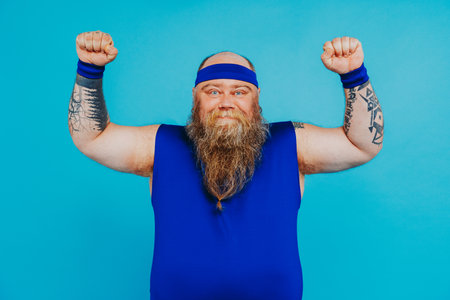 Funny fat man doing some sport exercises - Overweight man having weight issue and tries to start diet and sport, funny characterの写真素材