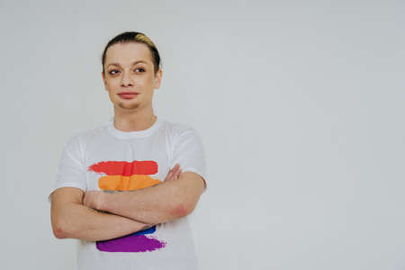 Transgender fighting for lgbtq community rights - Transsexual male portrait, conceptual support for gay people, lesbians, transgender and against homophobiaの写真素材