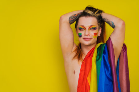 Transgender fighting for lgbtq community rights - Transsexual male portrait, conceptual support for gay people, lesbians, transgender and against homophobiaの写真素材