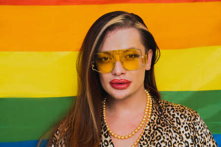 Transgender fighting for lgbtq community rights - Transsexual male portrait, conceptual support for gay people, lesbians, transgender and against homophobiaの写真素材