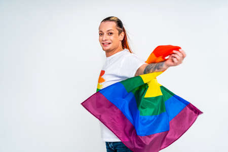 Transgender fighting for lgbtq community rights - Transsexual male portrait, conceptual support for gay people, lesbians, transgender and against homophobiaの写真素材