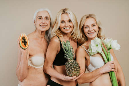 Beautiful senior women with young and clean look, beauty shot - Pretty senior ladies over 60 with perfect skin, concepts about elderly, beauty treatment and skin careの写真素材