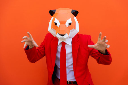 Cool man wearing 3d origami mask with stylish colored clothes - Creative concept for advertising, animal head mask doing funny things on colorful backgroundの写真素材