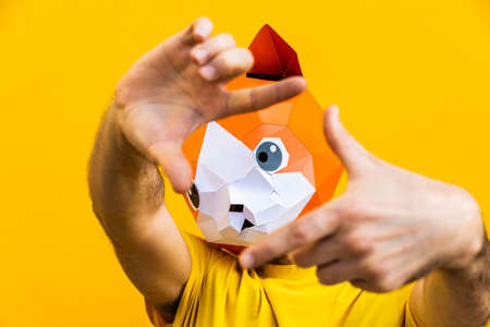 Cool man wearing 3d origami mask with stylish colored clothes - Creative concept for advertising, animal head mask doing funny things on colorful backgroundの写真素材