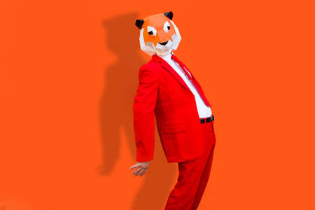 Cool man wearing 3d origami mask with stylish colored clothes - Creative concept for advertising,...