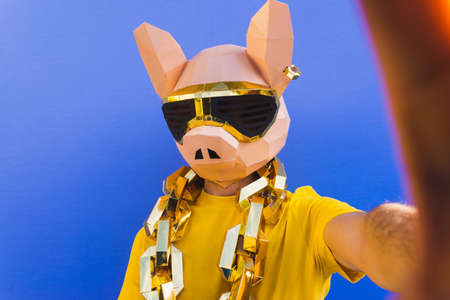 Cool man wearing 3d origami mask with stylish colored clothes - Creative concept for advertising, animal head mask doing funny things on colorful backgroundの写真素材