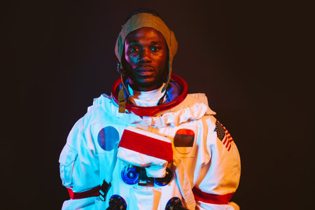 Cinematic image of an astronaut. Colorful portrait of a man with spacesuit