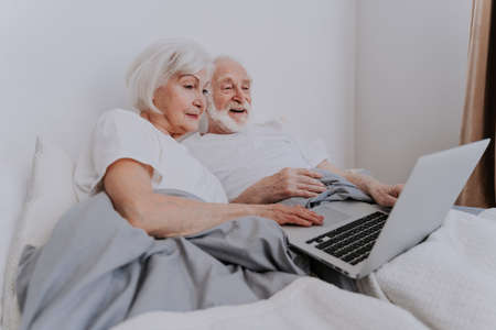 Beautiful senior couple enjoying time together at home - Moder elderly couple surfing the internet...
