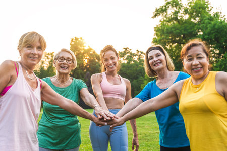 Multiethnic group of senior women training at park with fitness instructor - Active elderly people doing sport in the natureの写真素材