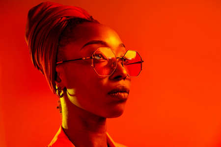 Beautiful afro-american woman with afro pigtails hairstyle and stylish clothes - Portrait of young black girl in studioの写真素材