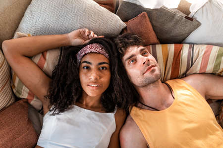 young couple on vacation with the camper. Traveling with the autocaravan. Concept about wanderlust road trips and lifestyle on vacationの写真素材