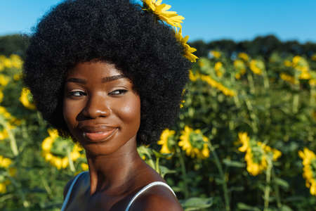 Beautiful afro-american woman with curly afro style hair in a sunflowers fieldの写真素材