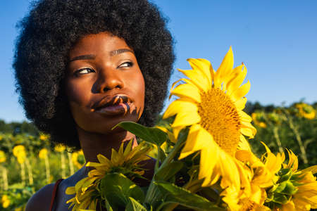 Beautiful afro-american woman with curly afro style hair in a sunflowers fieldの写真素材