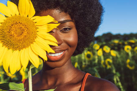 Beautiful afro-american woman with curly afro style hair in a sunflowers fieldの写真素材