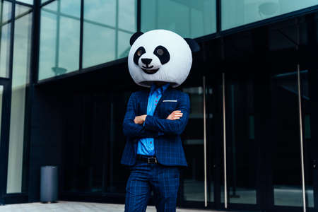 Storytelling image of a business man wearing a giant panda headの写真素材