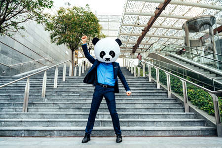 Storytelling image of a business man wearing a giant panda headの写真素材