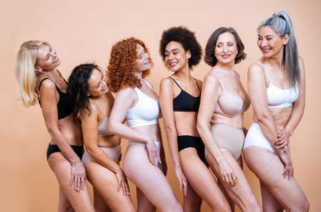 Beauty image of a group of women with different age, skin and body posing in studio for a body positive photoshooting. Mixed female models in lingerie on colored backgroundsの写真素材