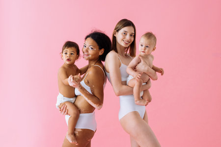 Happy women holding their babies on colored background - Young women wearing underwear taking care of their little sons - Pregnancy, motherhood, people and expectation conceptの写真素材