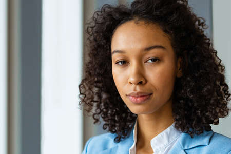Beautiful adult businesswoman with elegant dress standing in a conference room - African american woman portrait in a business meeting, concepts about business and peopleの写真素材
