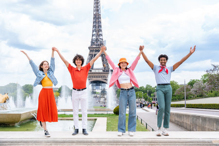 Group of young happy friends visiting Paris and Eiffel Tower, Trocadero area and Seine river - Multicultural group of tourists sightseeing the France capital cityの写真素材