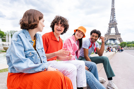 Group of young happy friends visiting Paris and Eiffel Tower, Trocadero area and Seine river - Multicultural group of tourists sightseeing the France capital cityの写真素材