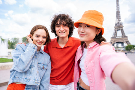 Group of young happy friends visiting Paris and Eiffel Tower, Trocadero area and Seine river - Multicultural group of tourists sightseeing the France capital cityの写真素材
