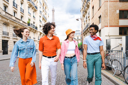 Group of young happy friends visiting Paris and Eiffel Tower, Trocadero area and Seine river - Multicultural group of tourists sightseeing the France capital cityの写真素材
